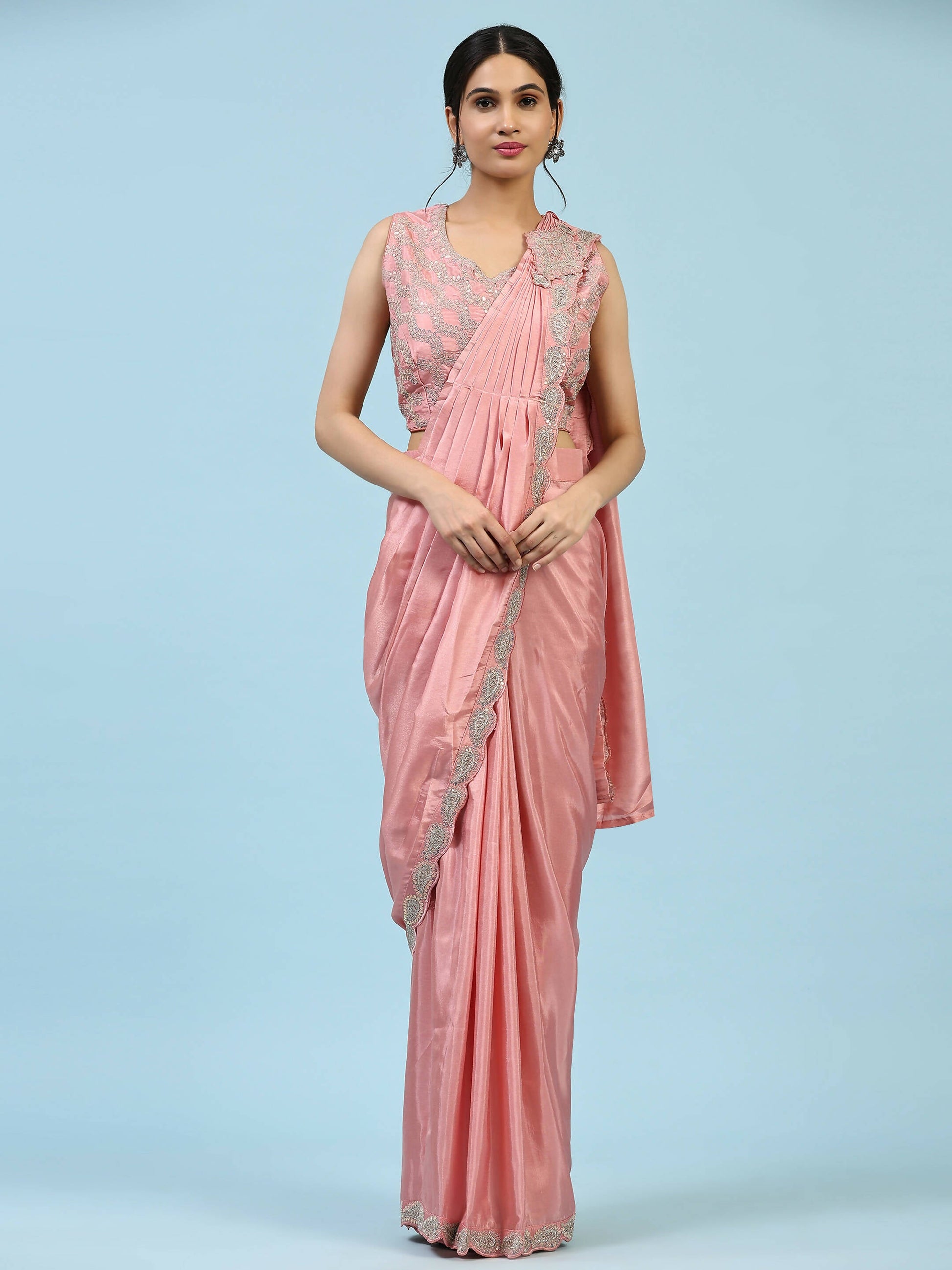 Peach Silk Satin Plain Ready to wear Saree with stitched Blouse - Vrinda | Swadesiicart