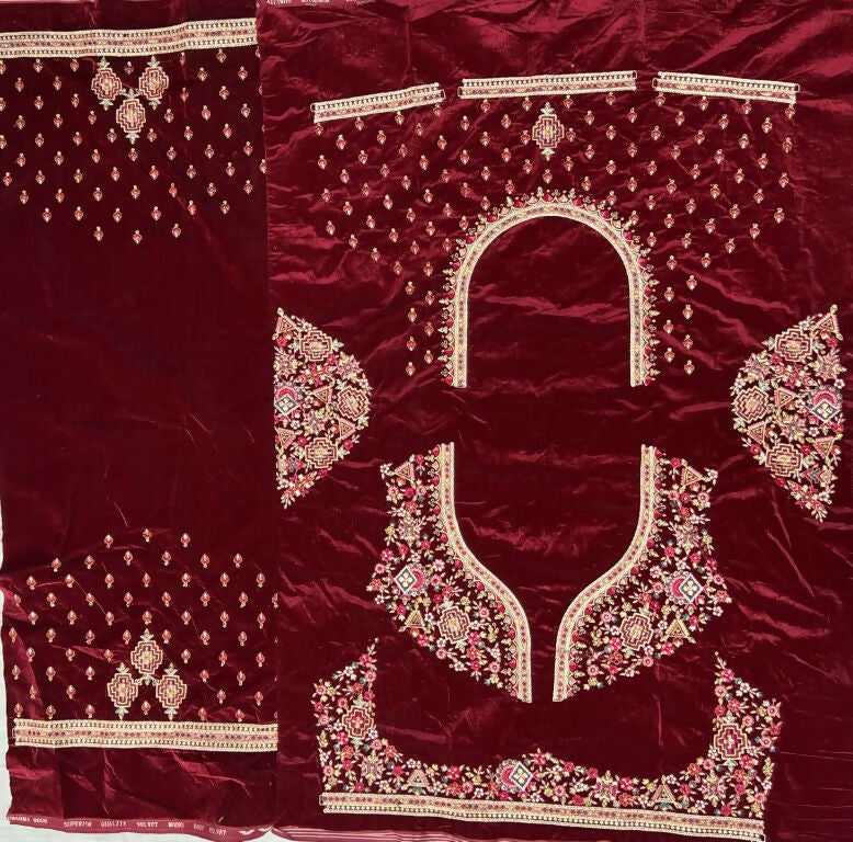 Jyoti Fashion Women's Red Velvet Fancy Dori & Sequins Multi Thread Embroidered with Diamond Work Wedding Lehenga Choli | Swadesiicart