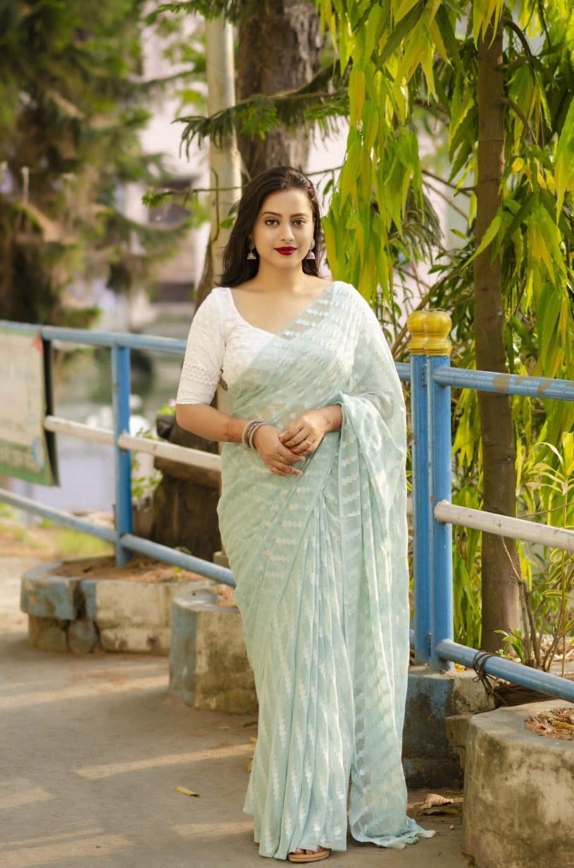 Blue Poly Chiffon Ethnic Motifs Saree with Unstitched Blouse - Hiral Fashion | Swadesiicart