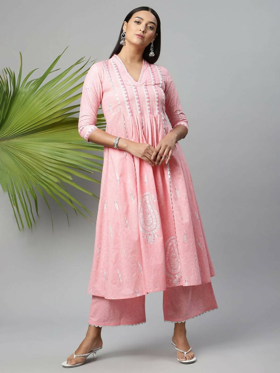 Ahalyaa Womens Pink Pure Cotton Printed Kurta Palazzo Set | Swadesiicart
