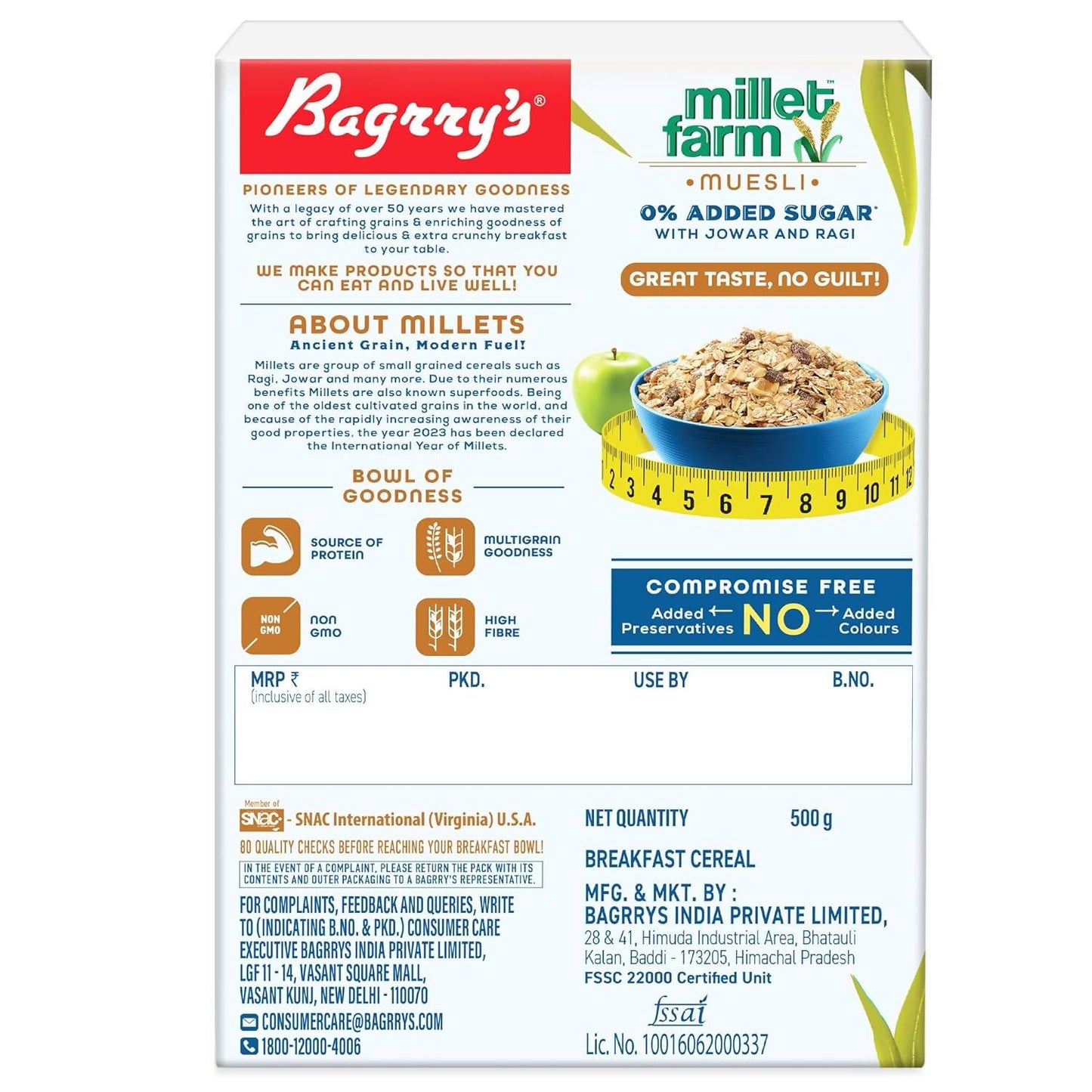 Bagrry's Millet Farm Muesli 0% Added Sugar with Jowar and Ragi - Swadesiicart