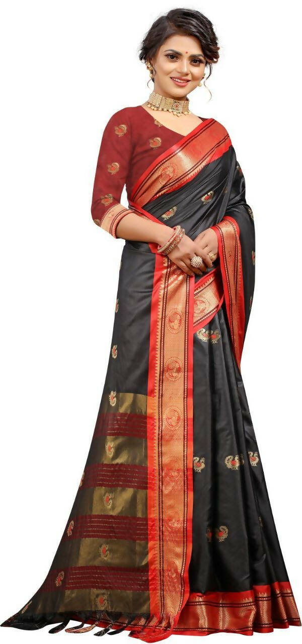 DEIANA'S Beautiful Designer Golden zari Soft Lichi Silk Saree - Black - Swadesiicart