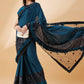Peacock Blue Lycra Sequins Fabric. Frill Details, Handwork Buttis Saree - Norita Hit Design - Swadesiicart