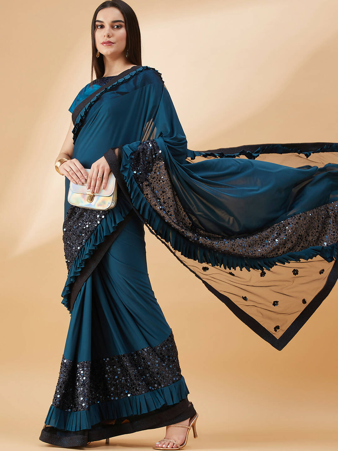 Peacock Blue Lycra Sequins Fabric. Frill Details, Handwork Buttis Saree - Norita Hit Design - Swadesiicart