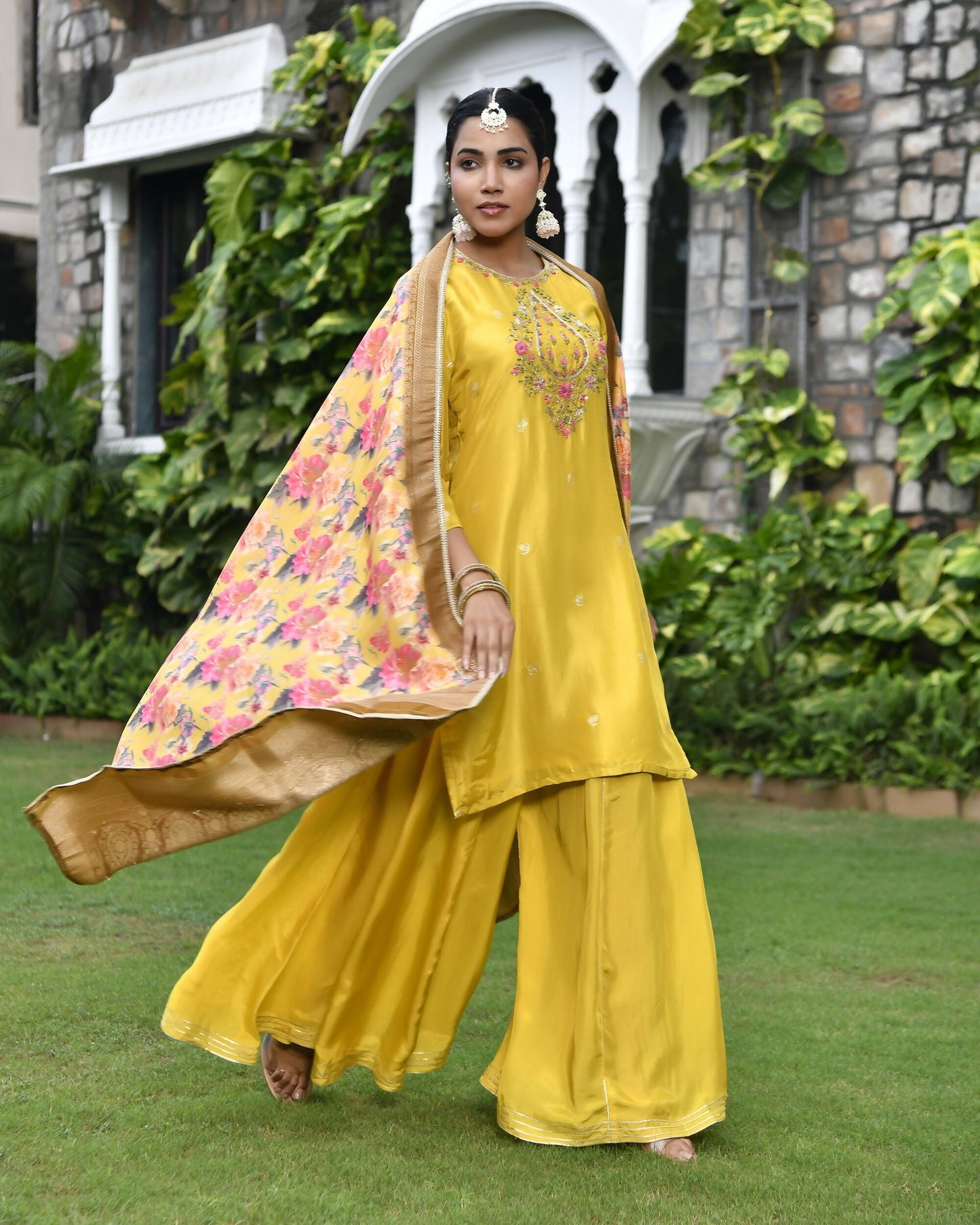 Vaasva Women's Silk Mustard Emboidered Solid Kurta, Sharara & Dupatta Set | Swadesiicart