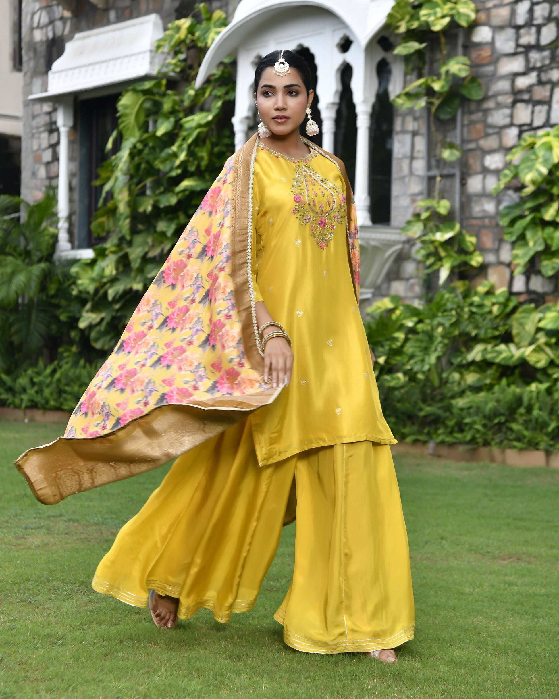 Vaasva Women's Silk Mustard Emboidered Solid Kurta, Sharara & Dupatta Set | Swadesiicart