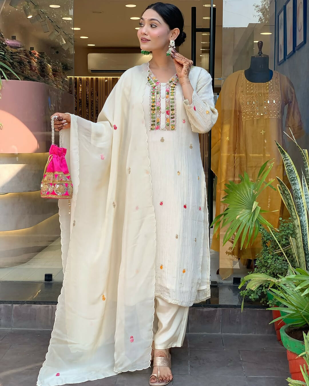 The52 Off White Women's Gorgeous Chinon Fabric Embroidered Work Straight Kurta Pant and Dupatta Set - Swadesiicart