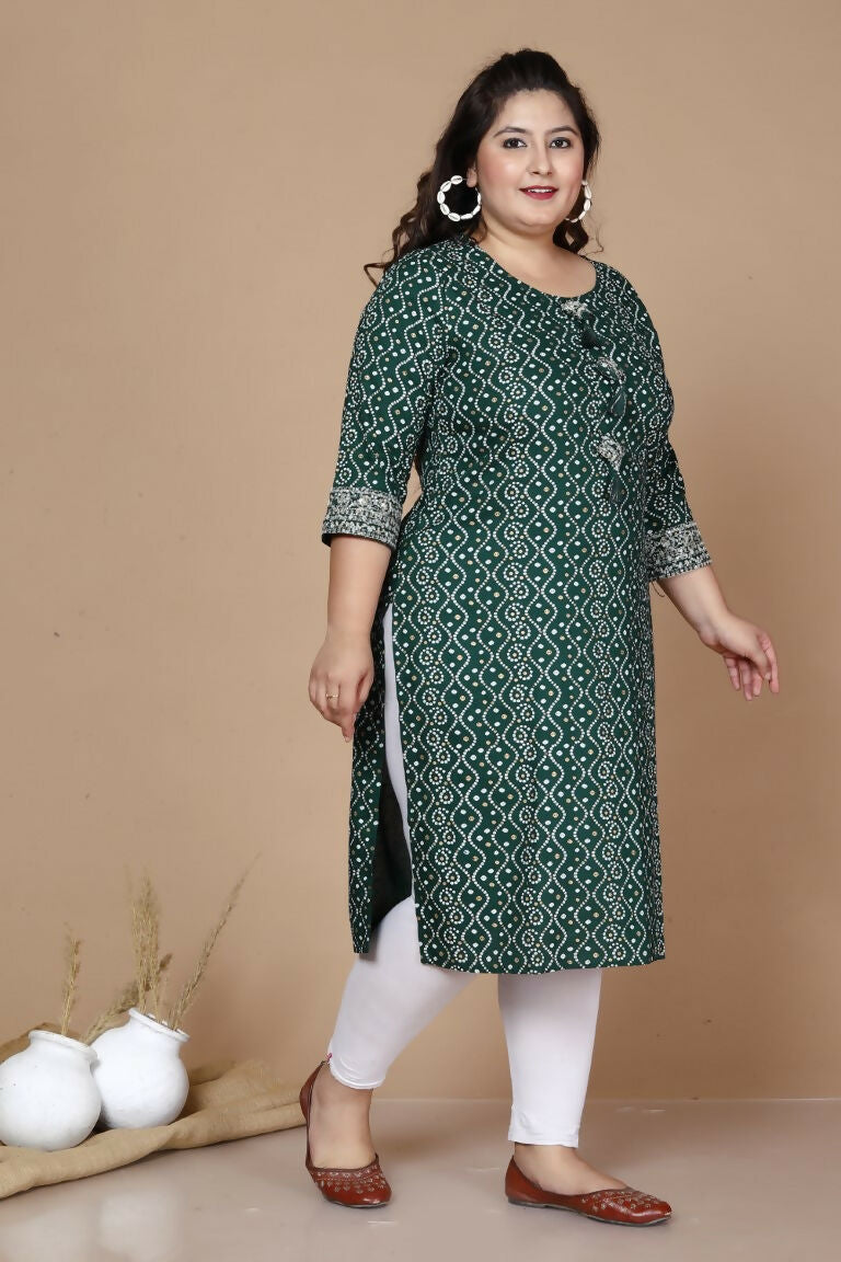 Miravan Women's Plus Size Rayon Bandhani Print Straight Kurta Green - Swadesiicart