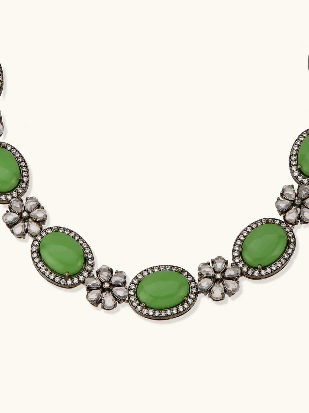Nuyug Antique Silver Plated Crystal Studded Faux Jade Stones Embellished Necklace Set | Swadesiicart