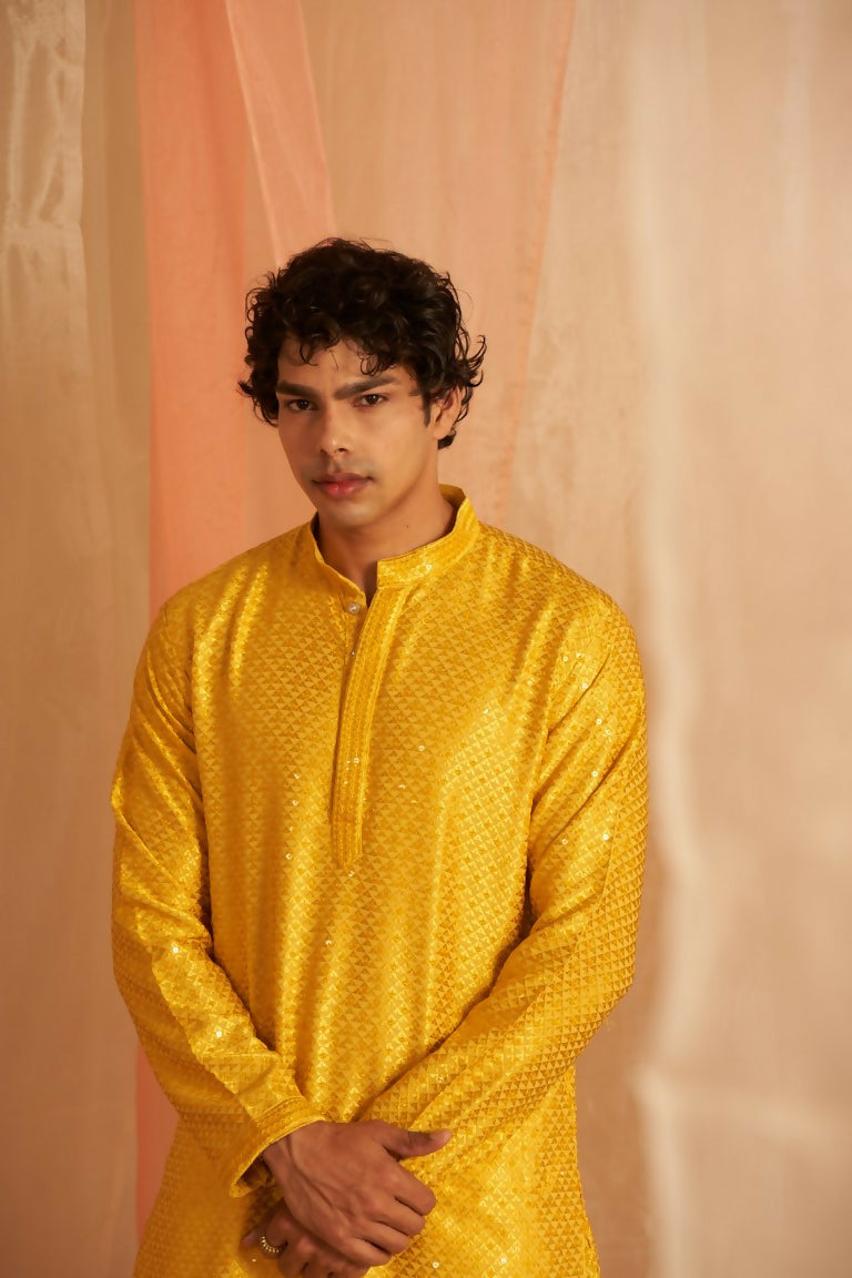 Yellow Viscose Chikankari Embroidery Work Men's Traditional Kurta Set - Mahotsav | Swadesiicart