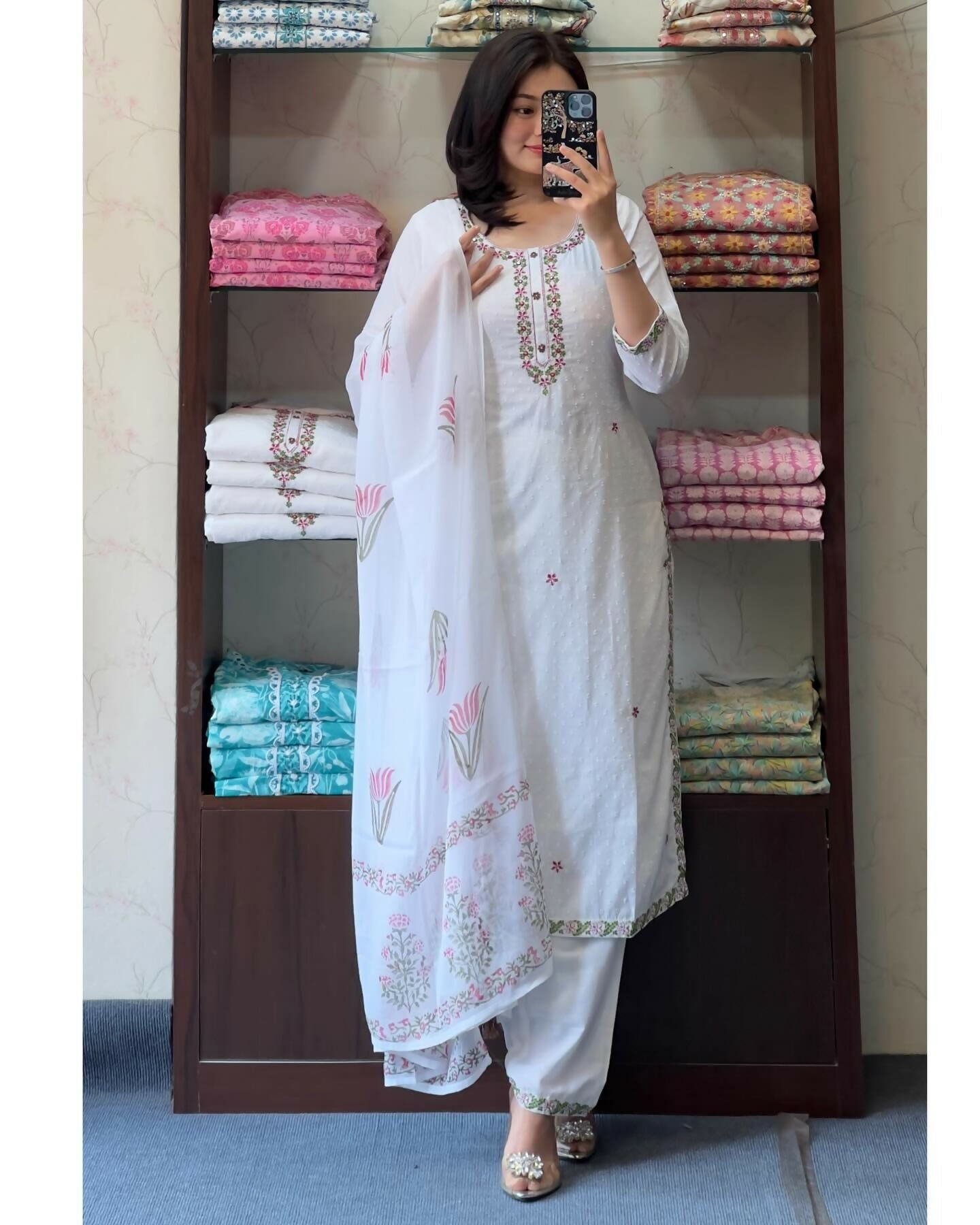 The52 White Women's Gorgeous Georgette Butti Fabric Embroidered Work Straight Kurta Pant and Dupatta Set - Swadesiicart