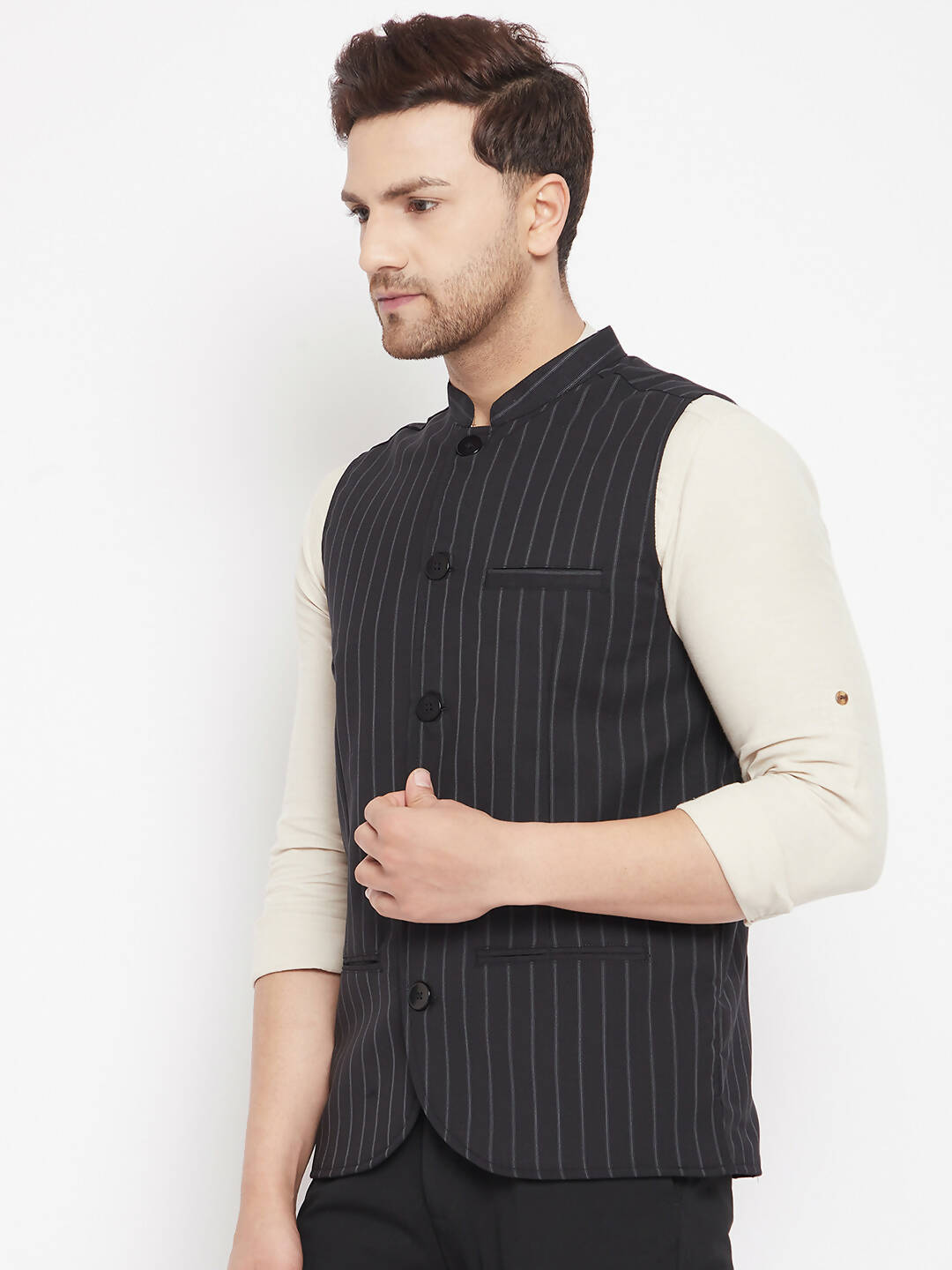 Even Apparels Black Merino Men Woven Nehru Jacket | Swadesiicart