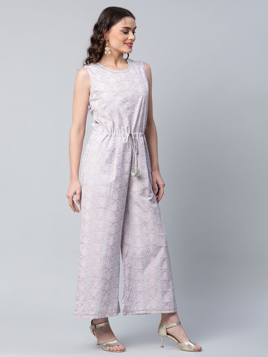 Ahalyaa Womens Blue Crepe Gold Printed Jumpsuit | Swadesiicart