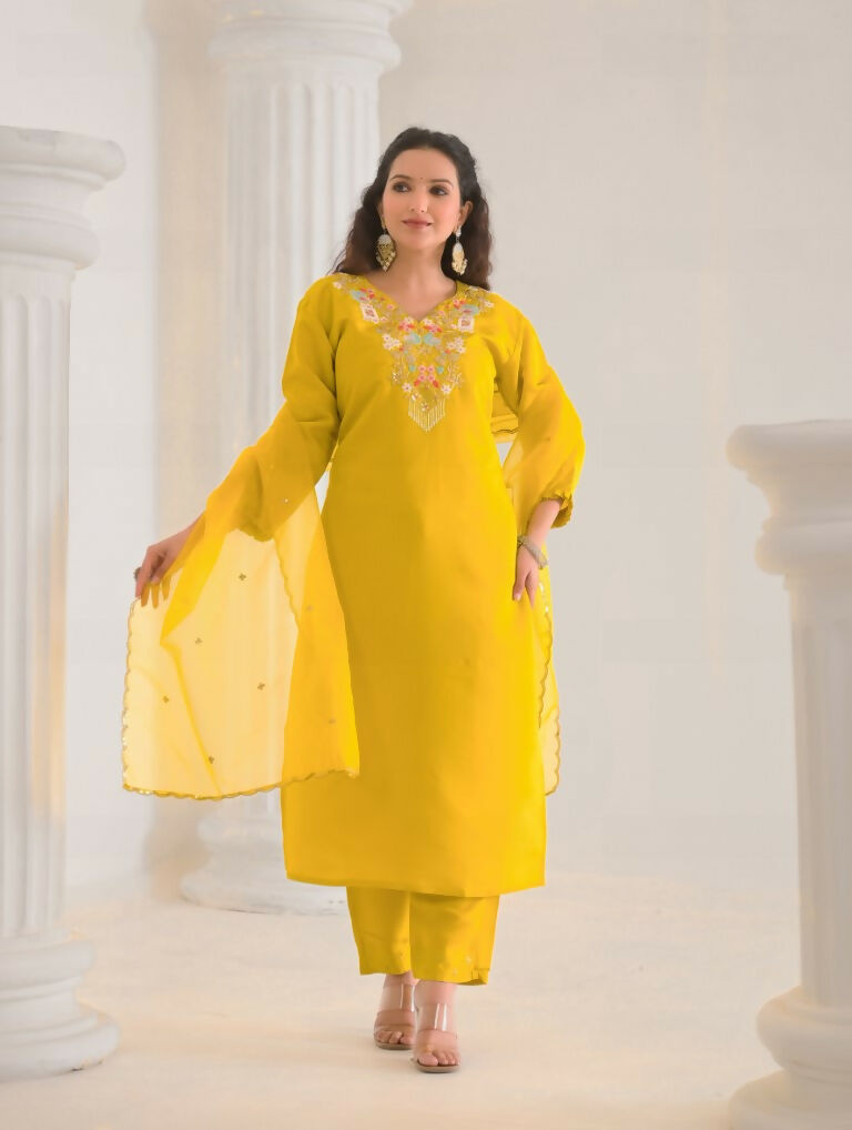 Ethnic Festive Wear Viscose Chanderi Yellow Stitched Suit With Dupatta - Tanisha | Swadesiicart
