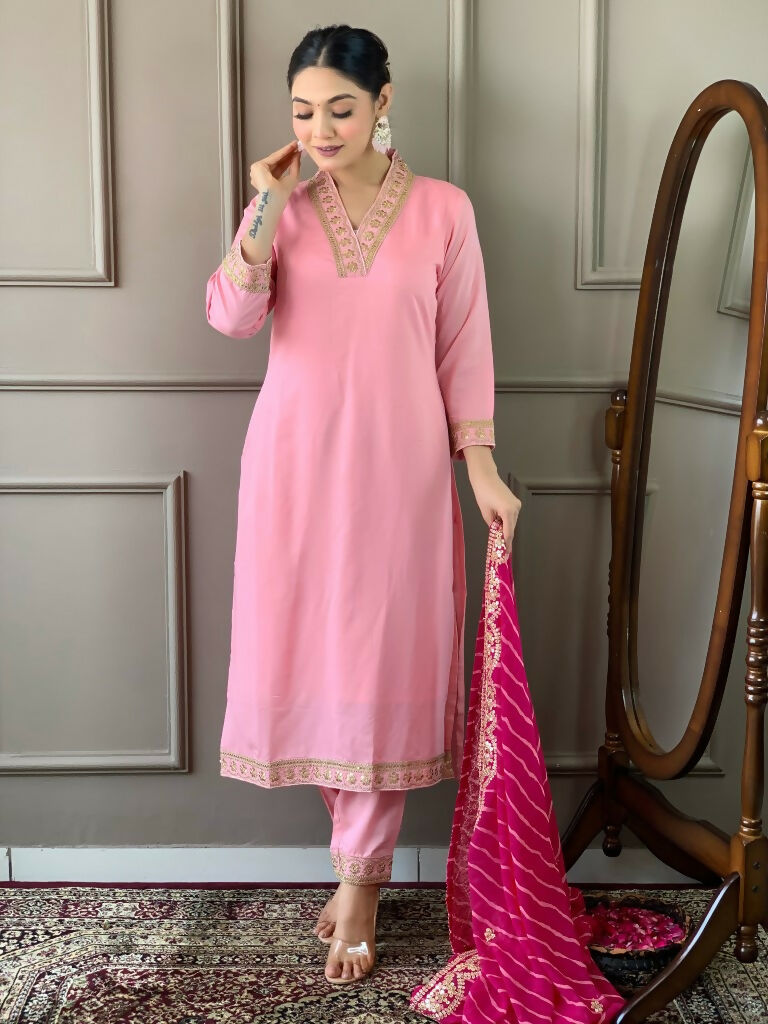 Partywear Designer Viscose Silk Blend Pink Stitched Suit With Dupatta - Tanisha | Swadesiicart