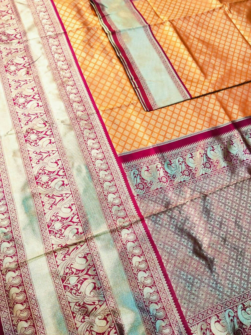 DEIANA'S Beautiful Designer Golden zari Soft Lichi Silk Saree - Orange - Swadesiicart