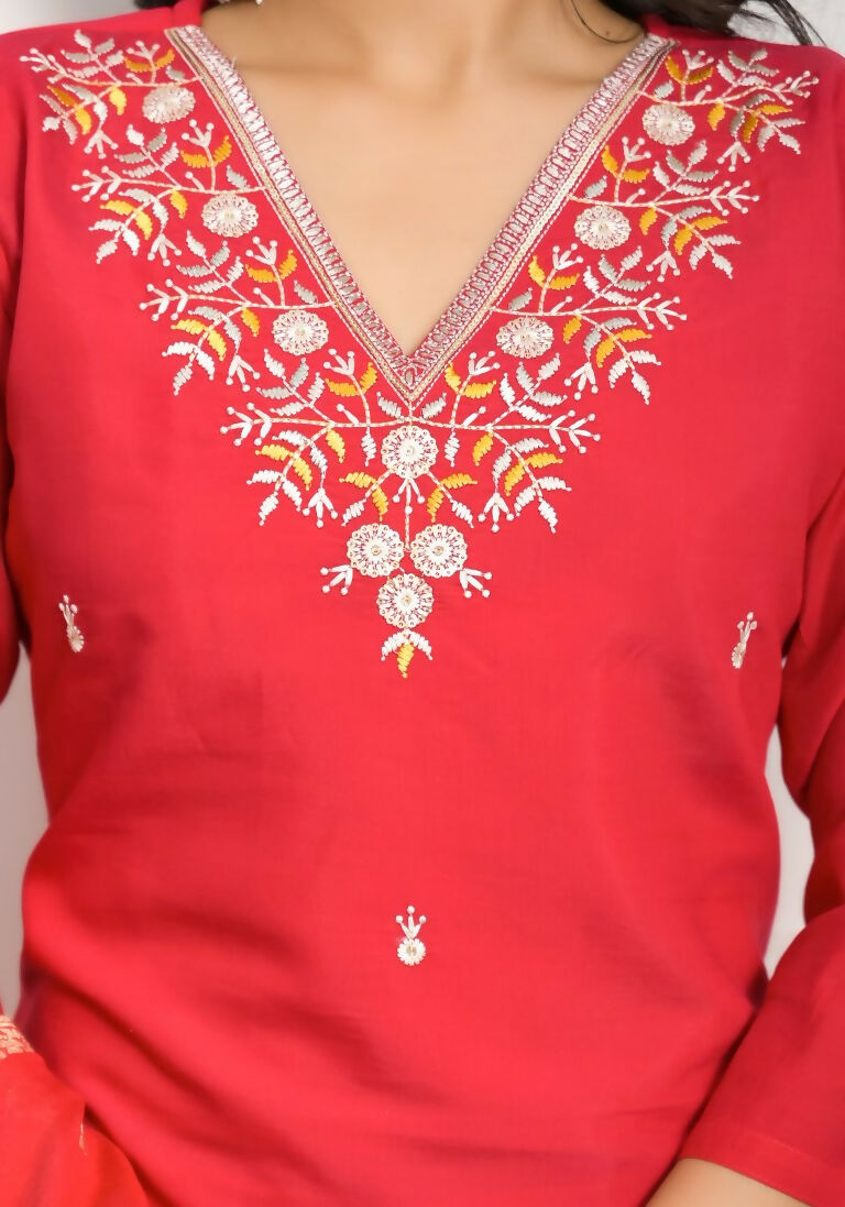 Festive Wear Ethnic Red Viscose Chanderi Stitched Suit With Dupatta - Tanisha | Swadesiicart