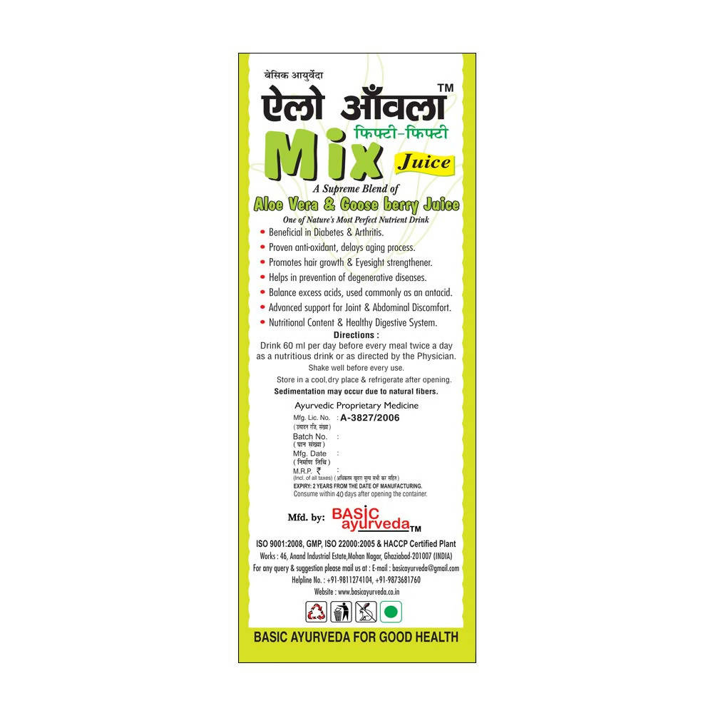 Basic Ayurveda Aloe Amla 50-Fifty Mix Juice Usages