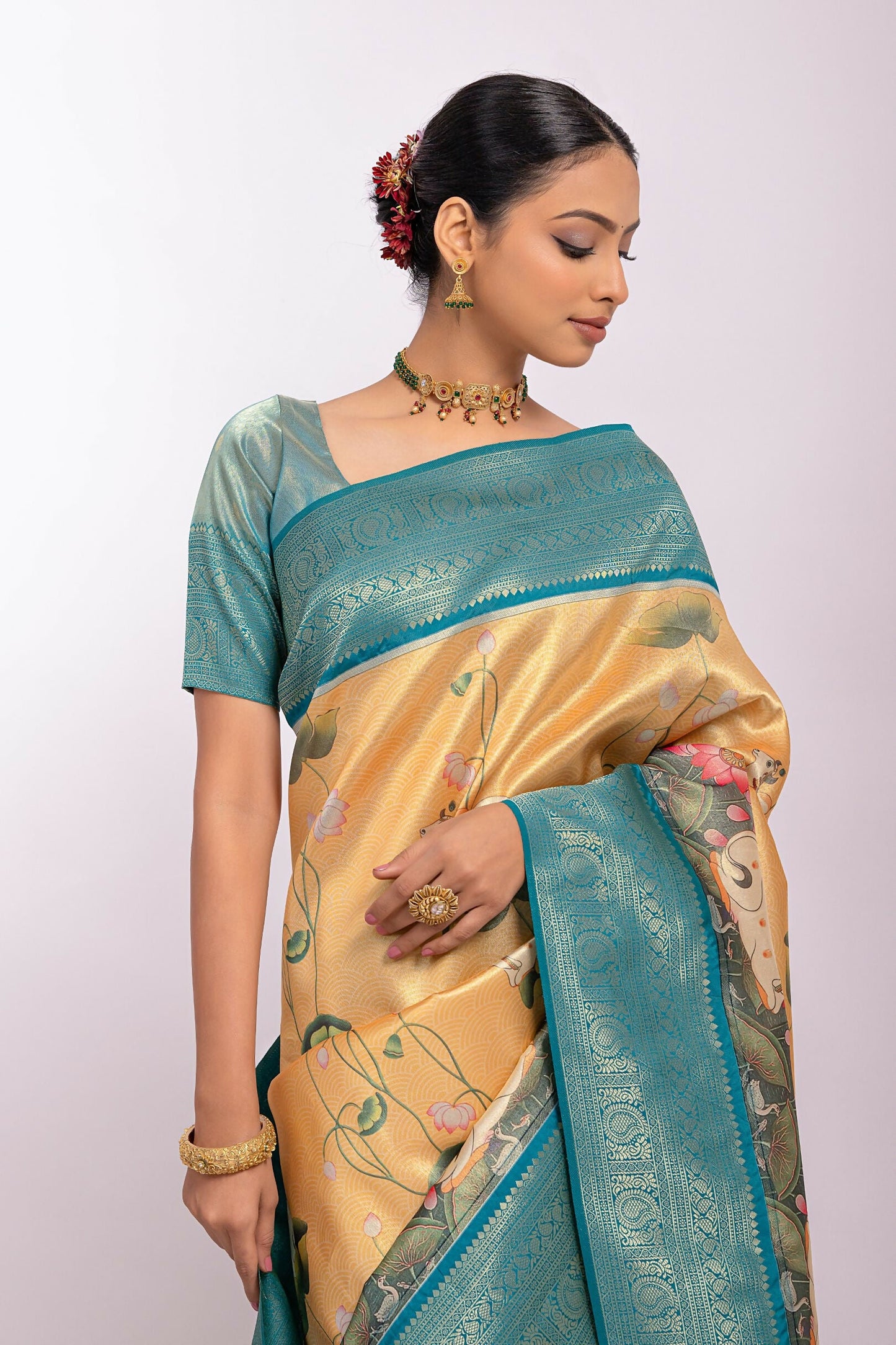 Vishnu Weaves Women's Yellow Tissue Silk Zari Woven Saree with Blouse - Swadesiicart