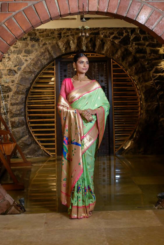 Vishnu Weaves Women's Pista Paithani Silk Zari Woven Saree with Unstitched Blouse - Swadesiicart