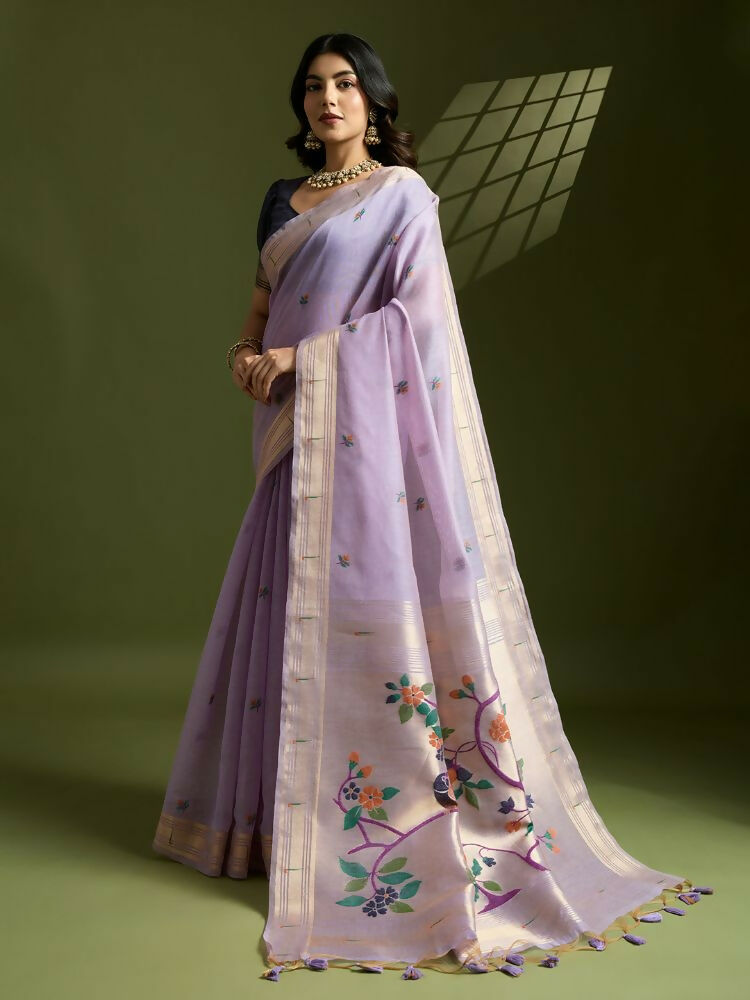 Vishnu Weaves Women's Lavender Muga Cotton Thread Woven Butti with Blouse - Swadesiicart
