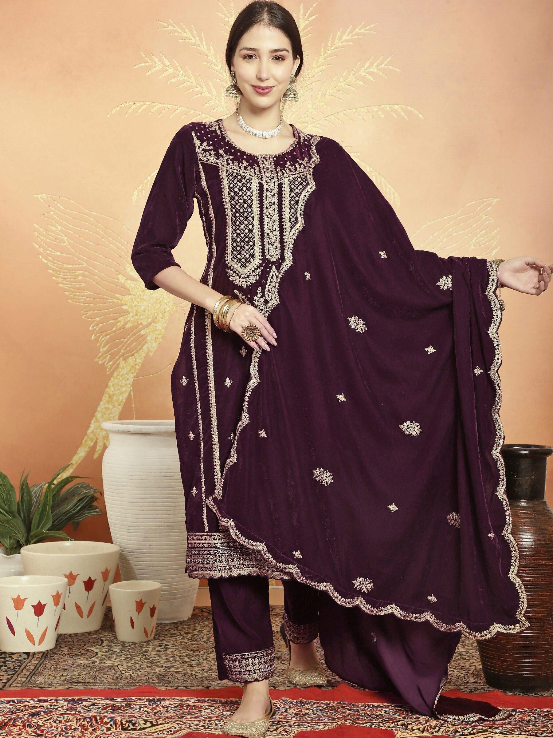 Jyoti Fashion Women's Wine Velvet Cording with Resham Thread & Sequin Kurta with Trouser & Dupatta | Swadesiicart