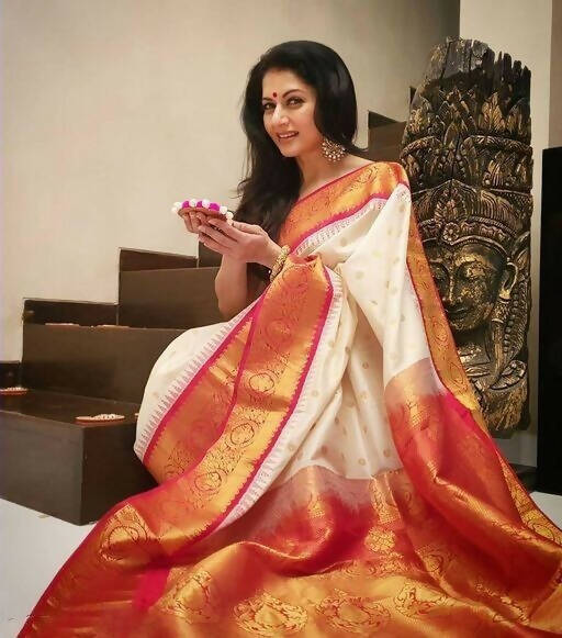 DEIANA'S Beautiful Designer Golden zari Soft Lichi Silk Saree - White - Swadesiicart
