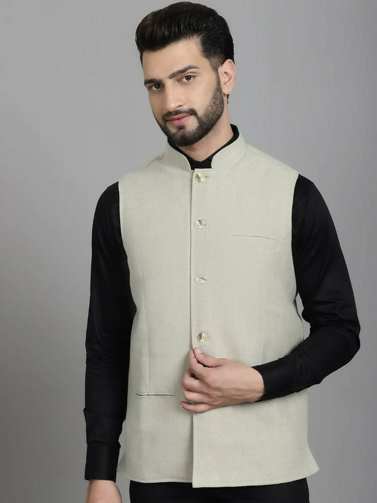 Even Apparels Self-Design Waistcoat With Welt Pockets - Beige | Swadesiicart
