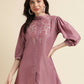 Dust Pink Chinon Yoke Embroidered A-line Top - Tarini - Swadesiicart