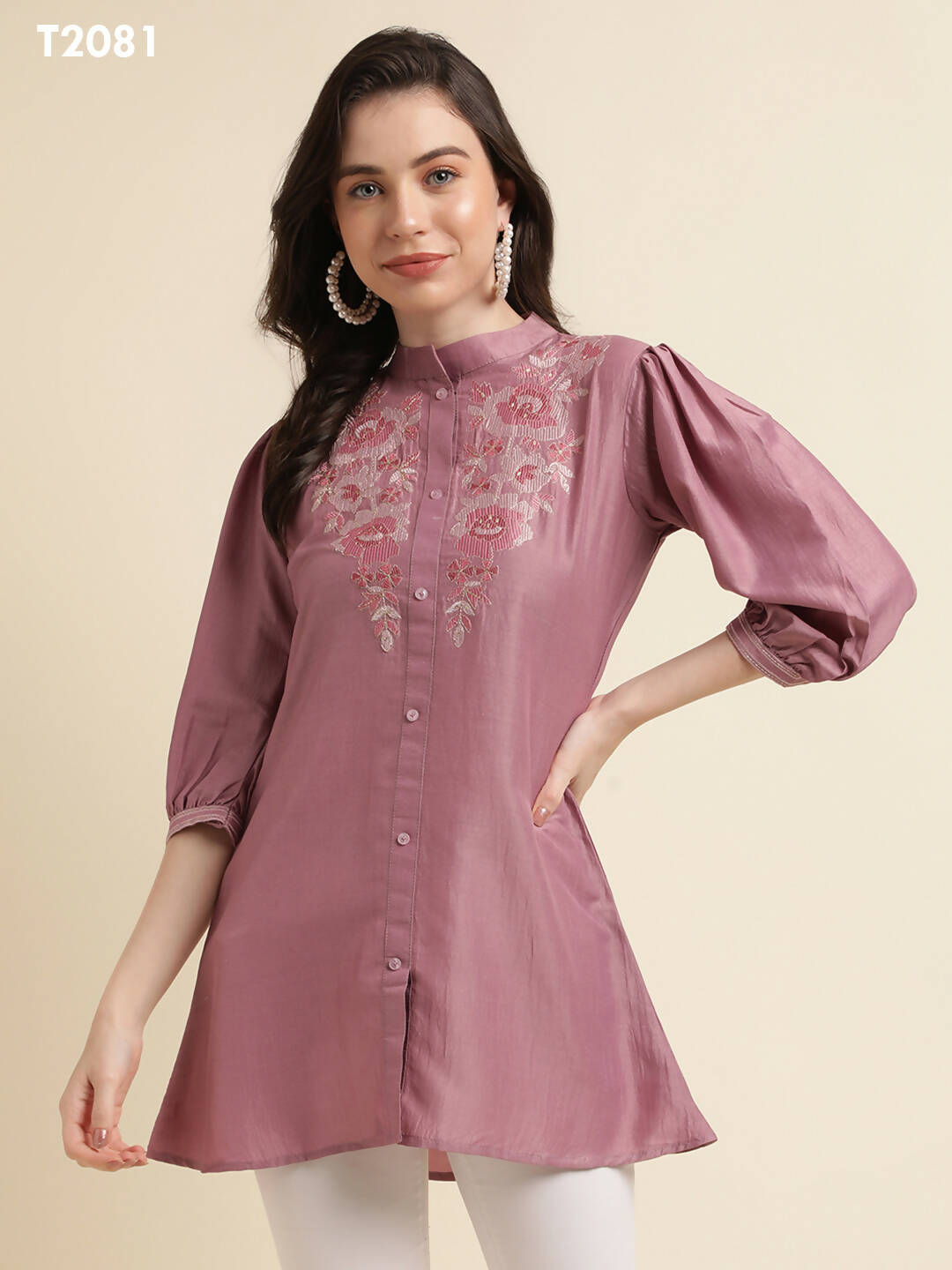 Dust Pink Chinon Yoke Embroidered A-line Top - Tarini - Swadesiicart