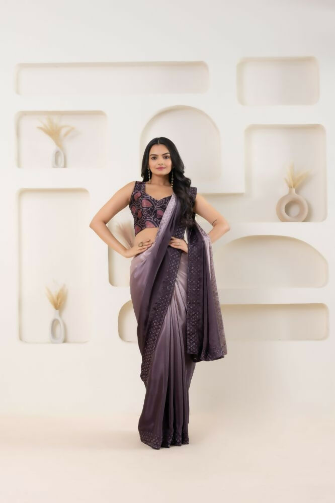 Wine Satin Pedding Designer, Printed Party Wear Ready To Wear Saree - Femina | Swadesiicart