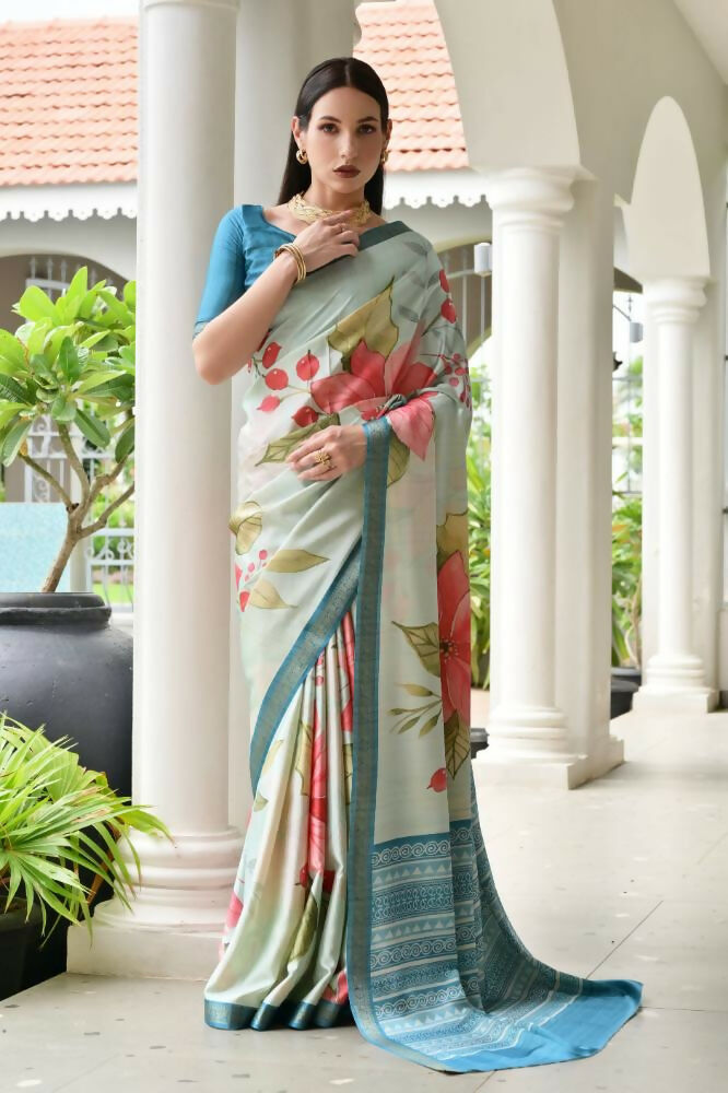 Vishnu Weaves Women's Firozi Satin Silk Printed Saree with Blouse - Swadesiicart