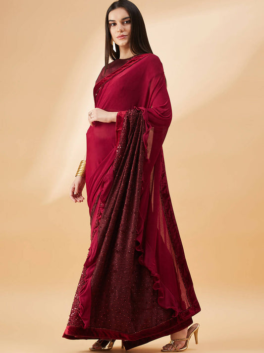 Maroon Lycra Embossed Fancy Velvet, Sequins Embroidery, Frill Details Saree - Norita Hit Design - Swadesiicart