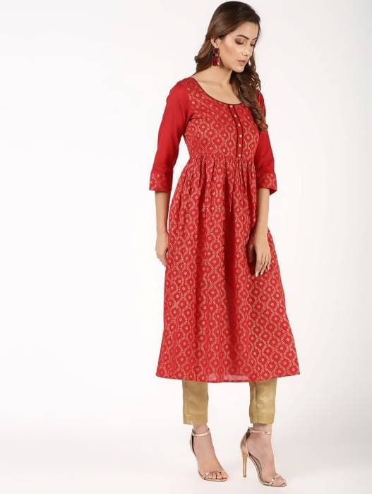 Aniyah Cotton Block Print Flared Kurta In Red (AN-151K) - Swadesiicart