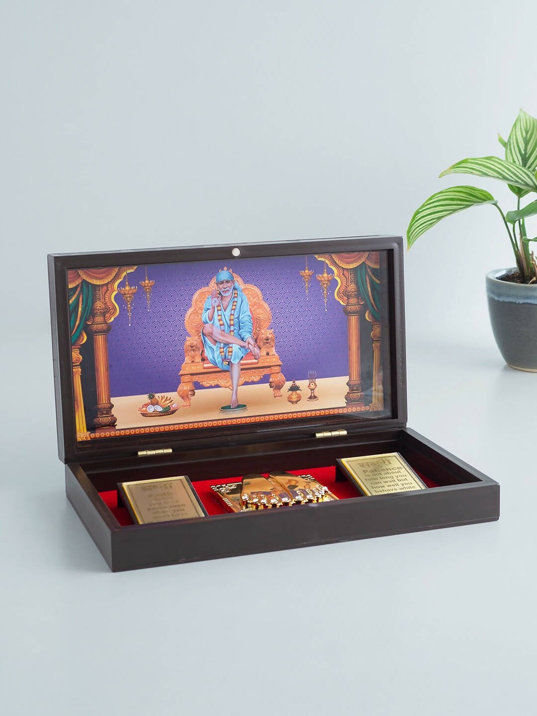 Golden Peacock Brown & Blue 24 CT Gold Foil Wooden Sri Sai Baba Pooja Box | Swadesiicart