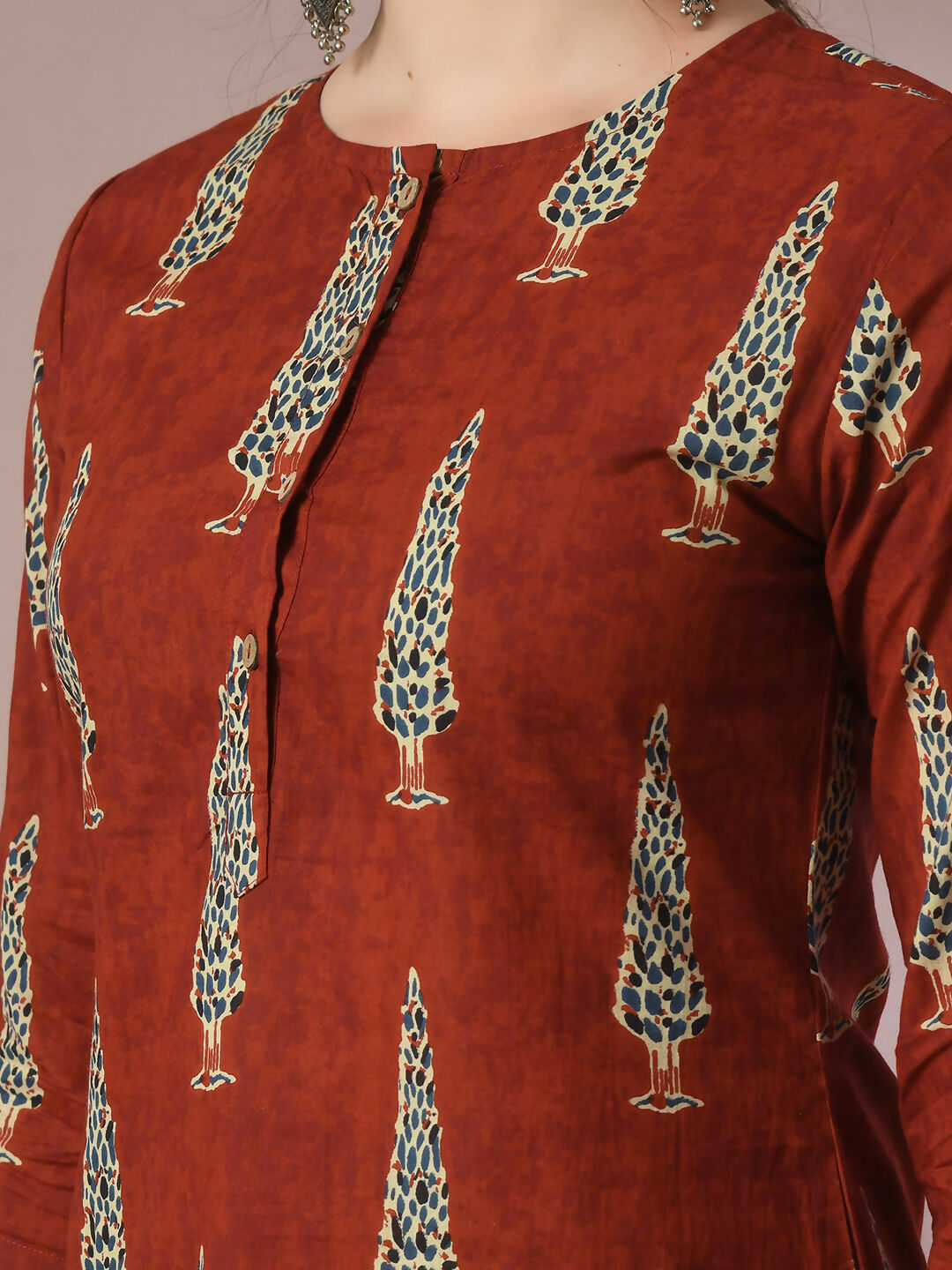 Myshka Women's Rust Printed Cotton Round Neck Party Tunic With Trousers Co-ord set - Swadesiicart