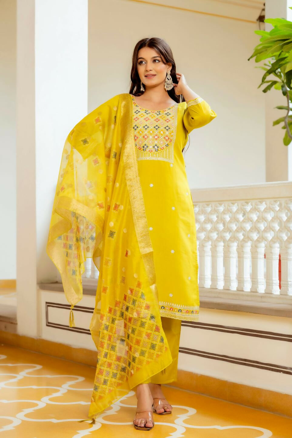 The52 Yellow Women's Beautiful Embroidered Viscose Shimmer Fabric with Straight Kurta, Pant and Dupatta Set - Swadesiicart
