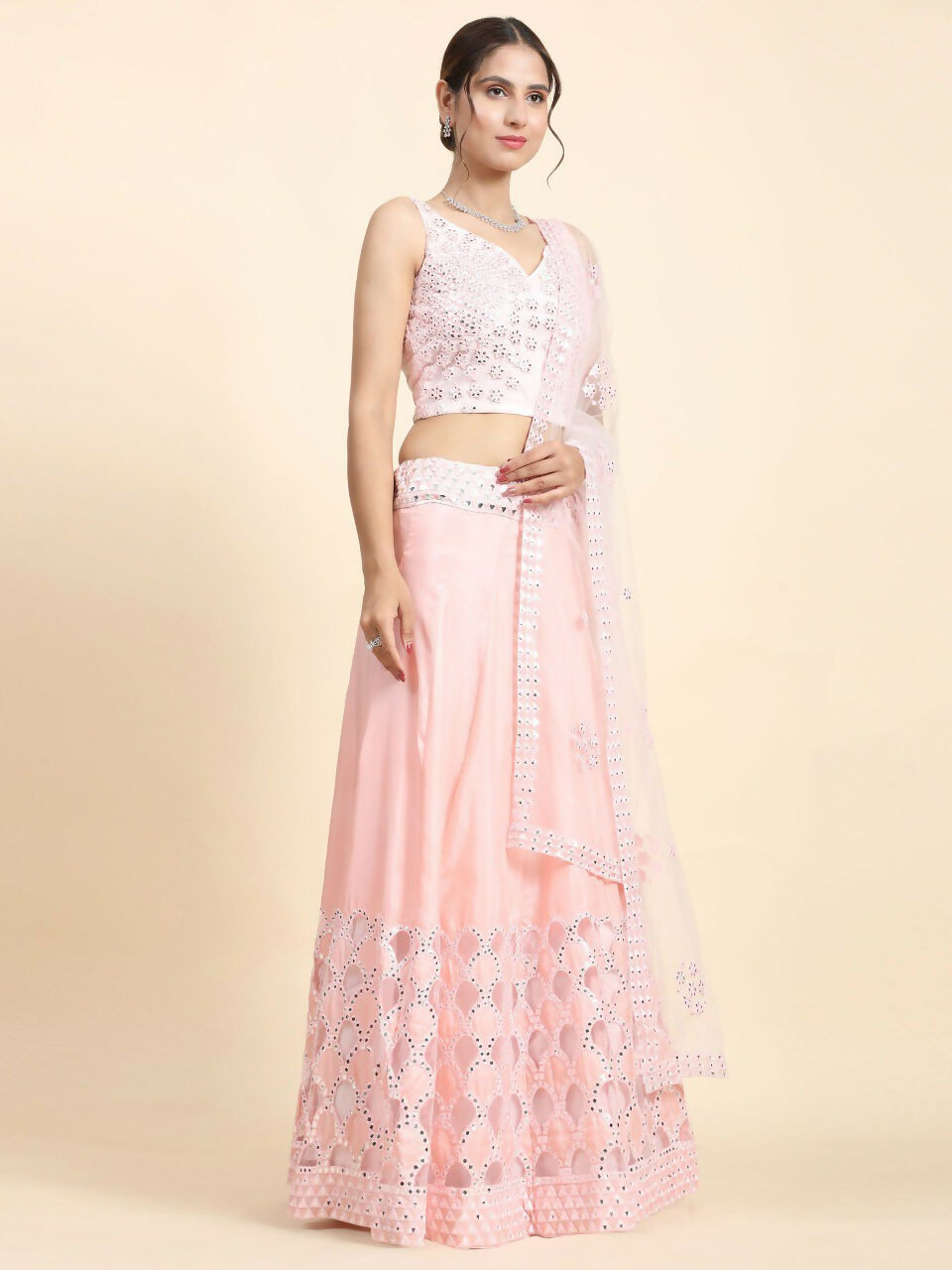 Jyoti Fashion Dreamy Baby Pink Silk Thread with Paper Mirror & Cut work Lehenga Choli with Dupatta | Swadesiicart