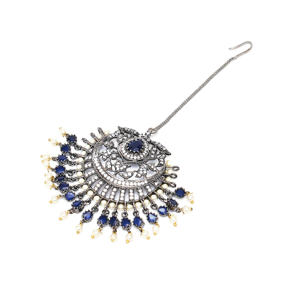 Oversized Diamond & Blue Stone Maang Tikka- Ruby Raang | Swadesiicart