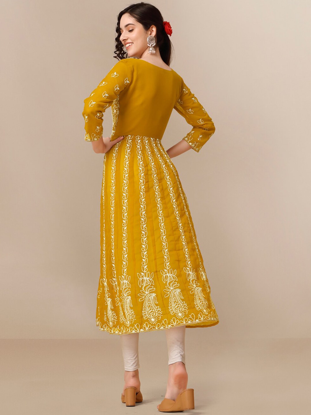 HERE&NOW Ethnic Motifs Embroidered Chikankari Georgette Anarkali Kurta | Swadesiicart