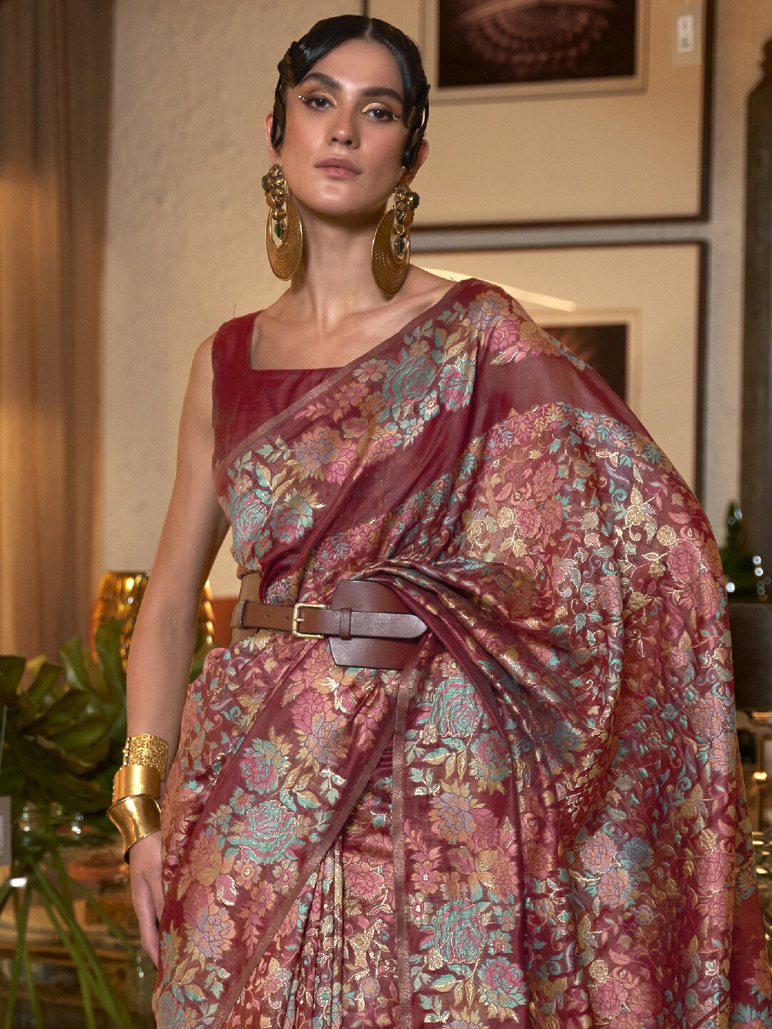 Mitera Maroon & Blue Floral Zari Banarasi Saree | Swadesiicart
