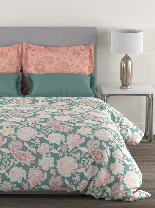 MYTRIDENT Green White Ethnic Motifs Cotton 144 TC Queen Bedsheet With 2 Pillow Covers - Swadesiicart