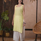 ADA Women Yellow & White Hand Embroidered Chikankari Sustainable Kota Handloom Kurta With Matching Slip | Swadesiicart
