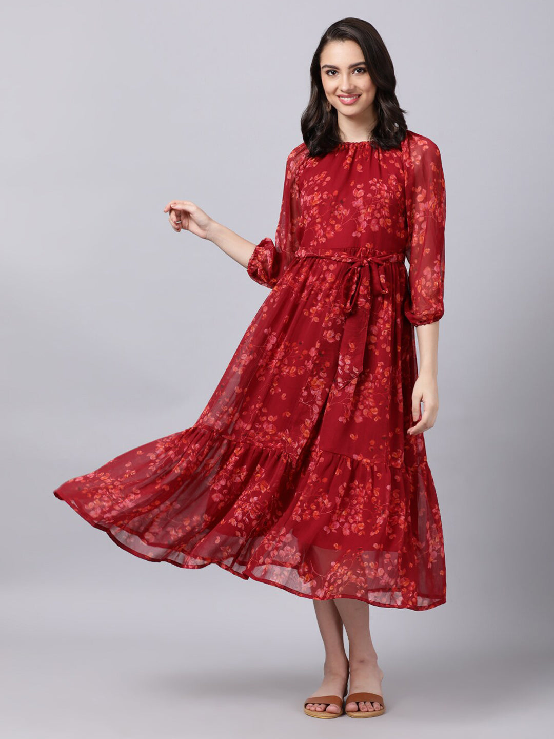 Souchii Maroon Floral Layered Chiffon A-Line Midi Dress - Swadesiicart