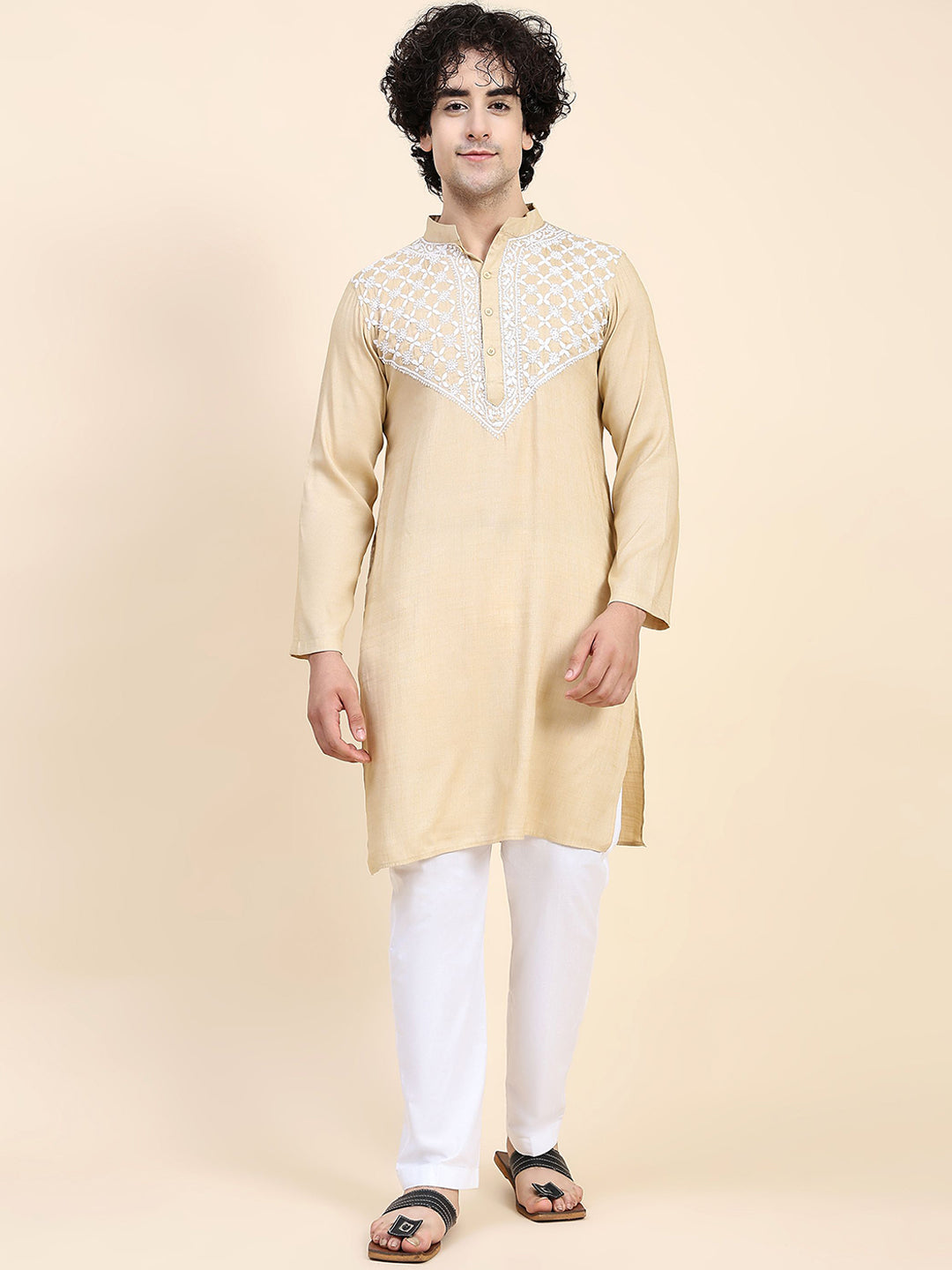 HOUSE OF KARI Ethnic Motifs Yoke Design Mandarin Collar Chikankari Pure Cotton Kurta | Swadesiicart