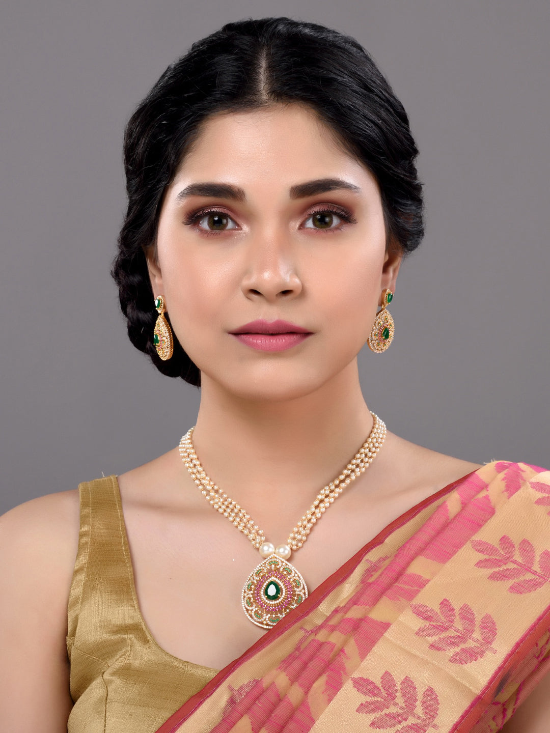 Saraf RS Jewellery Women Gold-Polished Multi Coloured AD Studded Pearl Mala & Earrings Set - Swadesiicart