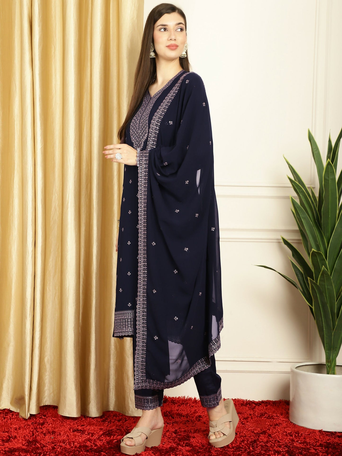 Jyoti Fashion Women's Navy Blue Georgette Resham Thread & Sequin Kurta with Trouser & Dupatta | Swadesiicart
