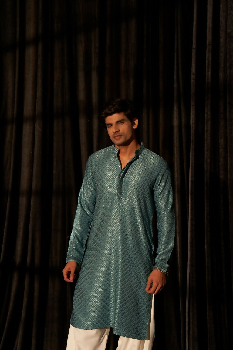 Blue viscose Chikankari Embroidery Work Men's Traditional Kurta Set - Mahotsav | Swadesiicart