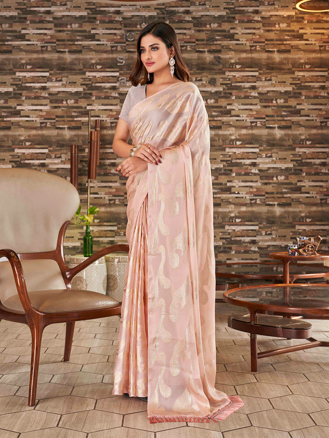 Tikhi Imli Woven Design Satin Jacquard Ready to Wear Saree | Swadesiicart