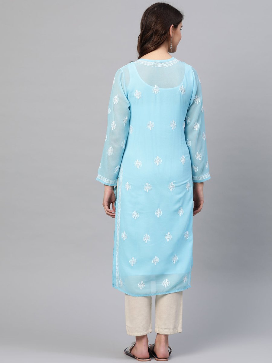 ADA Women Blue & White Chikankari Embroidered Straight Sustainable Handloom Kurta with Inner | Swadesiicart